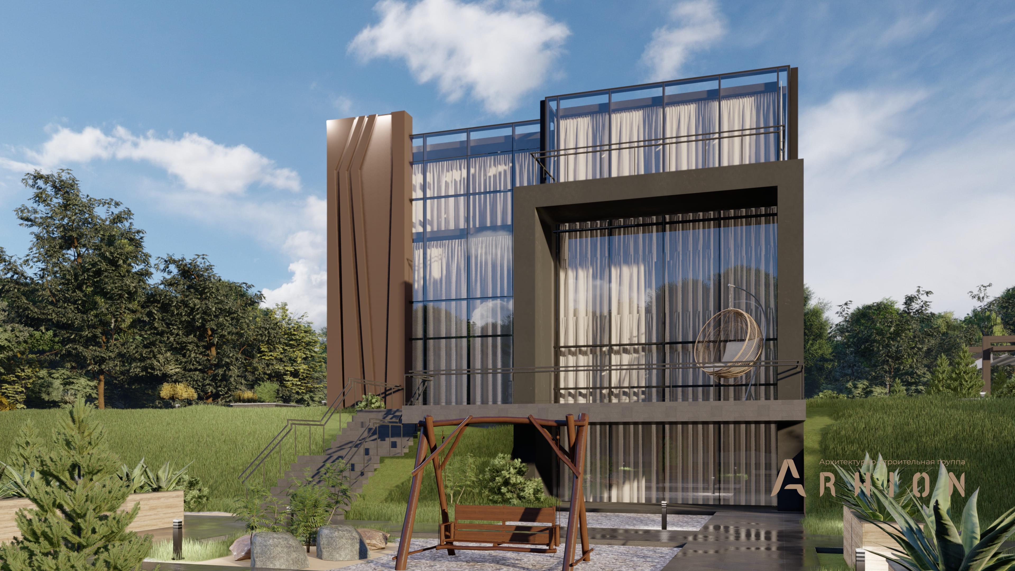 3. Проект двухэтажного дома в стиле хай-тек с плоской кровлей , H-102, площадью - 721 кв c цокольным этажом, терассой, балконом, гаражом